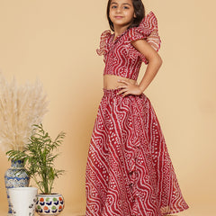 Maroon Bandhani Doriya Crop top Skirt set