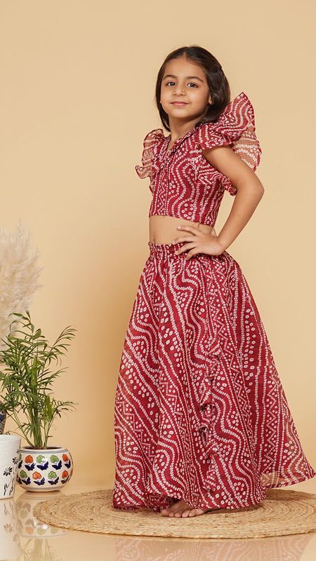 Maroon Bandhani Doriya Crop top Skirt set