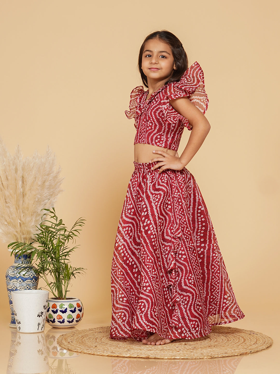 Maroon Bandhani Doriya Crop top Skirt set