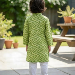 Green Pure Cotton Kota Doriya Zigzag Print Full Sleeve Boys Kurta