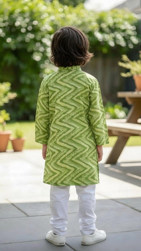 Green Pure Cotton Kota Doriya Zigzag Print Full Sleeve Boys Kurta