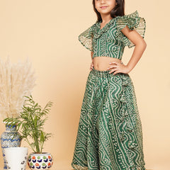Green Bandhani Doriya Crop top Skirt set