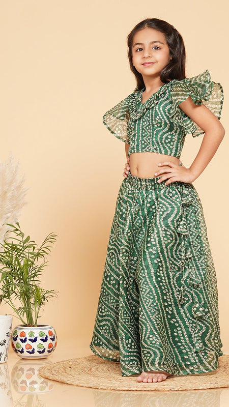 Green Bandhani Doriya Crop top Skirt set