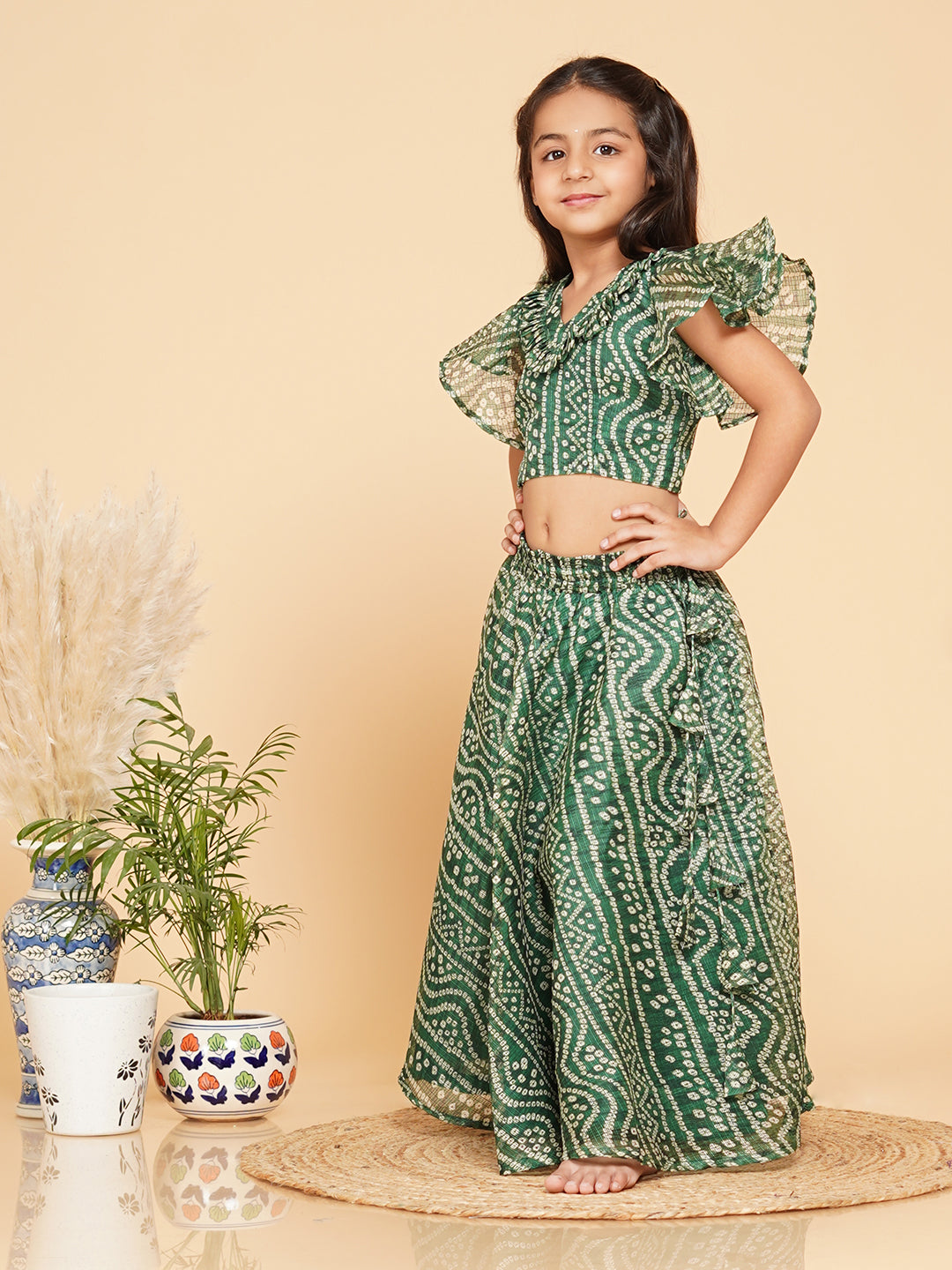 Green Bandhani Doriya Crop top Skirt set