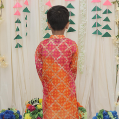 Green Pure Cotton Kota Doriya Zigzag Print Full Sleeve Boys Kurta