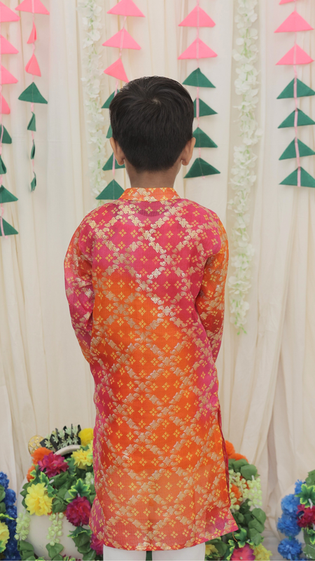 Green Pure Cotton Kota Doriya Zigzag Print Full Sleeve Boys Kurta