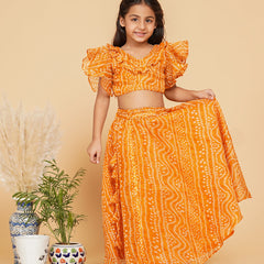 Mustard Bandhani Doriya Crop top Skirt set