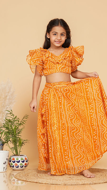 Mustard Bandhani Doriya Crop top Skirt set