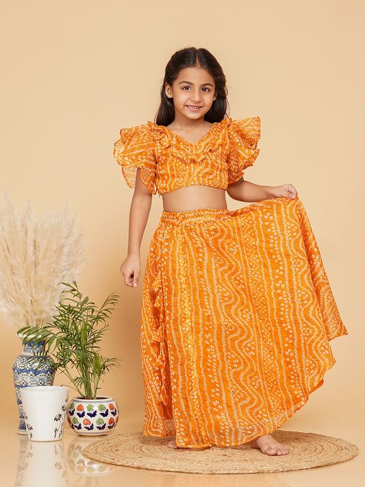 Mustard Bandhani Doriya Crop top Skirt set