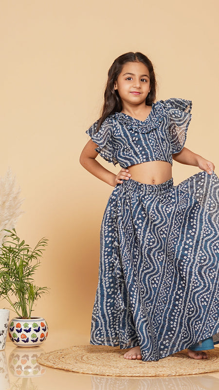 Blue Bandhani Doriya Crop top Skirt set