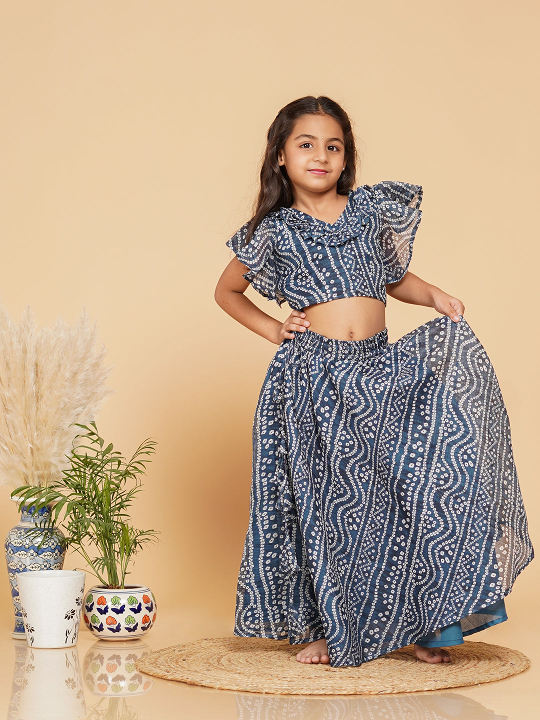 Blue Bandhani Doriya Crop top Skirt set