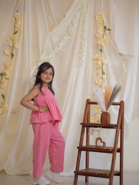 Baby Pink Cotton Crepe Crush Coord-set