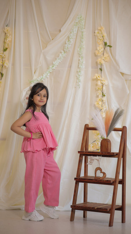 Baby Pink Cotton Crepe Crush Coord-set