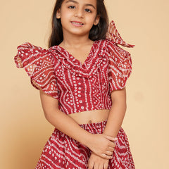 Maroon Bandhani Doriya Crop top Skirt set