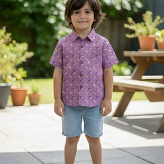 Kids Purple Animal Print Pure Cotton Half Sleeve Shirt