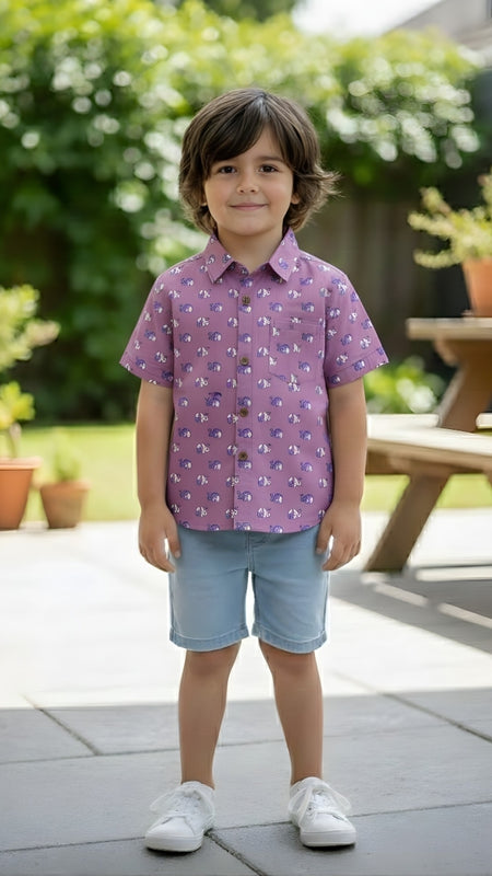 Kids Purple Animal Print Pure Cotton Half Sleeve Shirt