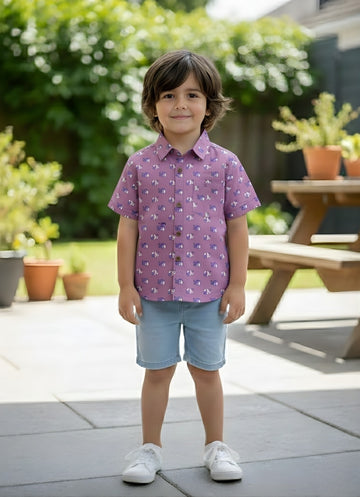 Kids Purple Animal Print Pure Cotton Half Sleeve Shirt