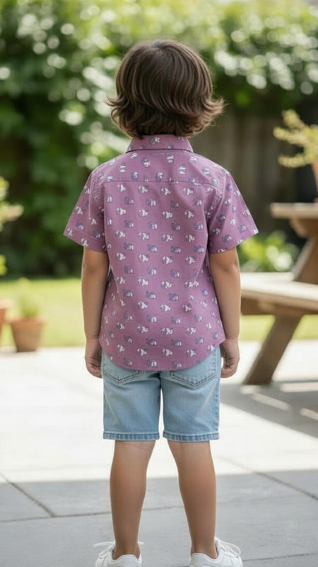 Kids Purple Animal Print Pure Cotton Half Sleeve Shirt