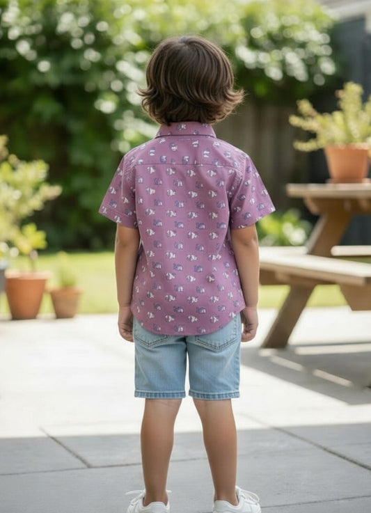 Kids Purple Animal Print Pure Cotton Half Sleeve Shirt