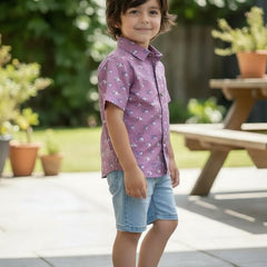 Kids Purple Animal Print Pure Cotton Half Sleeve Shirt