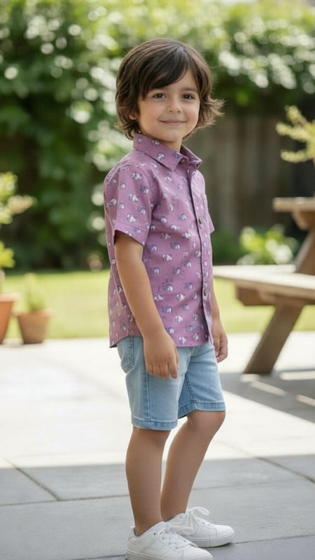 Kids Purple Animal Print Pure Cotton Half Sleeve Shirt