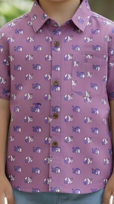 Kids Purple Animal Print Pure Cotton Half Sleeve Shirt