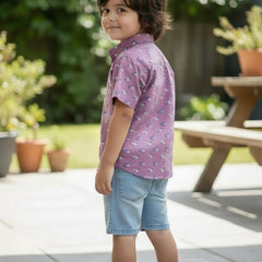 Kids Purple Animal Print Pure Cotton Half Sleeve Shirt
