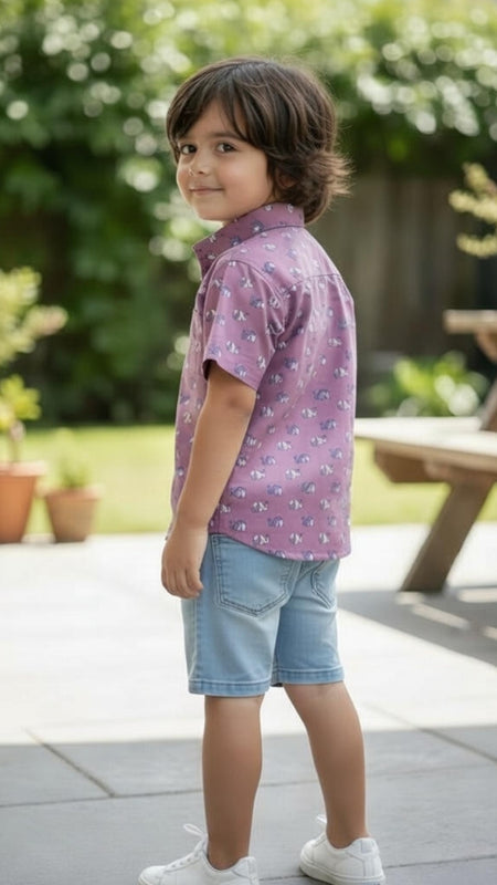 Kids Purple Animal Print Pure Cotton Half Sleeve Shirt