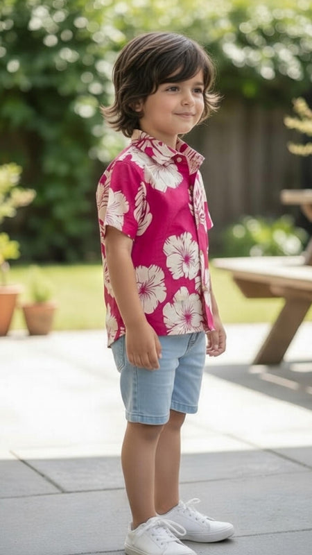 Kids Botanical Printed Pure Cotton Half Sleeve Shirt