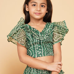 Green Bandhani Doriya Crop top Skirt set