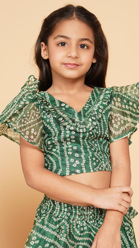 Green Bandhani Doriya Crop top Skirt set