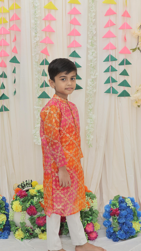 Green Pure Cotton Kota Doriya Zigzag Print Full Sleeve Boys Kurta