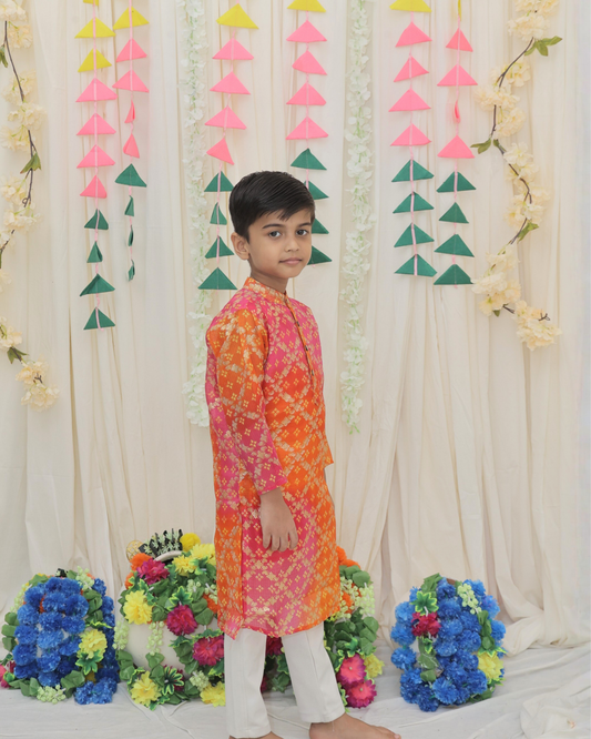 Green Pure Cotton Kota Doriya Zigzag Print Full Sleeve Boys Kurta