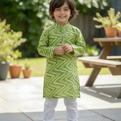 Green Pure Cotton Kota Doriya Zigzag Print Full Sleeve Boys Kurta