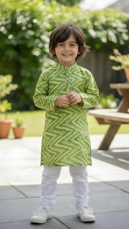 Green Pure Cotton Kota Doriya Zigzag Print Full Sleeve Boys Kurta