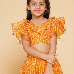 Mustard Bandhani Doriya Crop top Skirt set