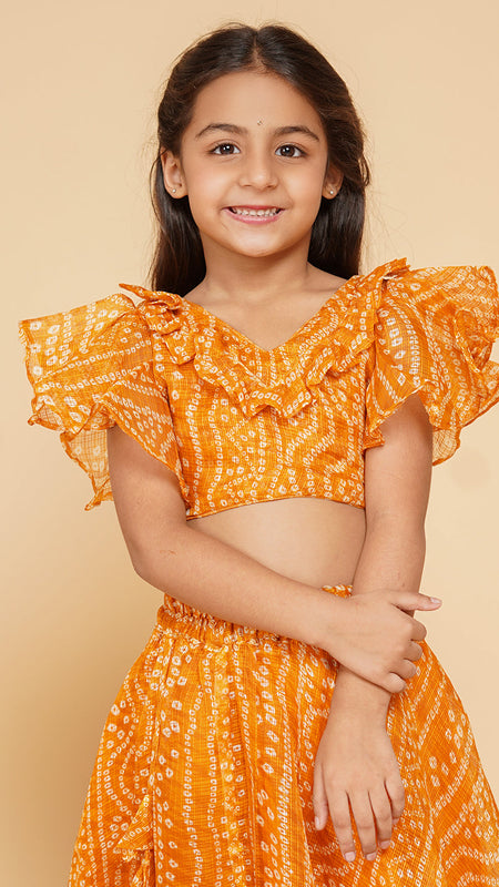 Mustard Bandhani Doriya Crop top Skirt set
