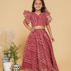 Maroon Bandhani Doriya Crop top Skirt set