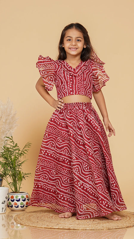 Maroon Bandhani Doriya Crop top Skirt set