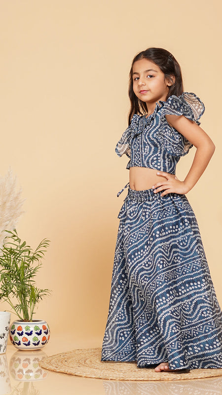 Blue Bandhani Doriya Crop top Skirt set