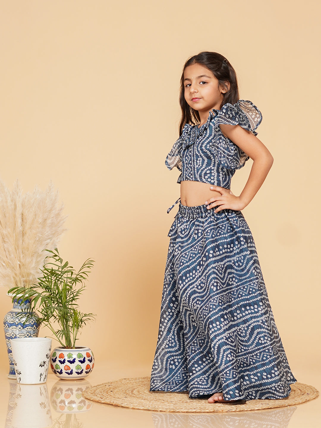 Blue Bandhani Doriya Crop top Skirt set