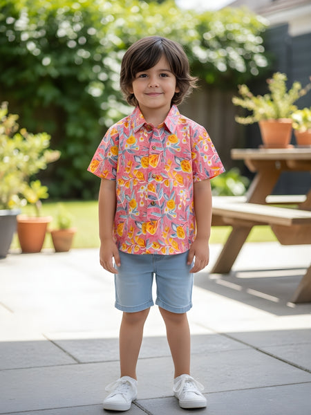 Kids Peach Floral Print Pure Cotton Half Sleeve Shirt