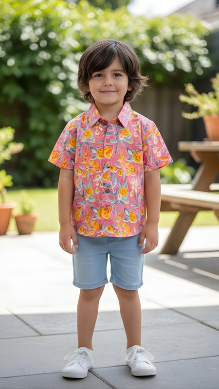 Kids Peach Floral Print Pure Cotton Half Sleeve Shirt