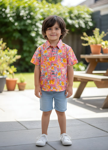 Kids Peach Floral Print Pure Cotton Half Sleeve Shirt