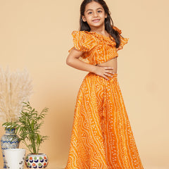 Mustard Bandhani Doriya Crop top Skirt set
