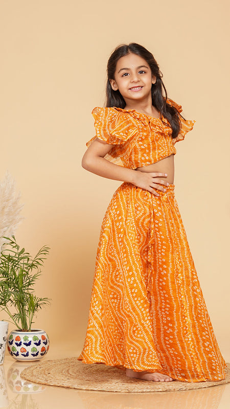 Mustard Bandhani Doriya Crop top Skirt set