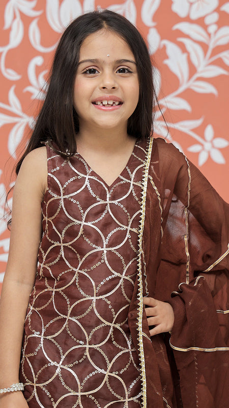 Brown Gota Sequin Design Kurta Palazzo Dupatta Set