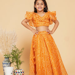 Mustard Bandhani Doriya Crop top Skirt set