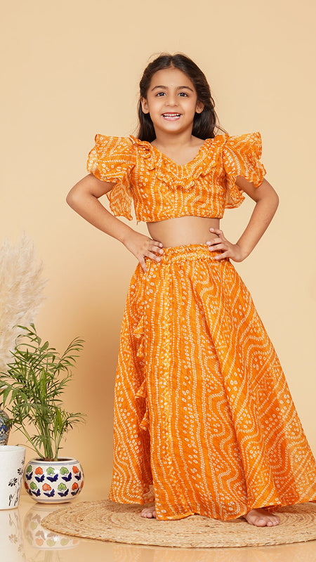 Mustard Bandhani Doriya Crop top Skirt set