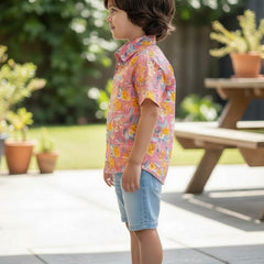 Kids Peach Floral Print Pure Cotton Half Sleeve Shirt